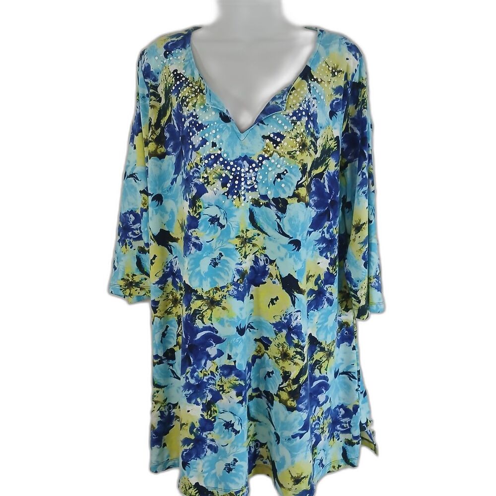 Just My Size Top Blue Green V Neck White Studs Sz 1X Casual Cottage Mature